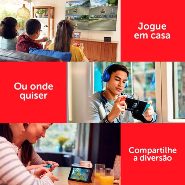 Nintendo, Console, Nintendo Switch, Nacional, V2, Portátil e Doméstico, Bateria de até 9 Horas, Inclui Joy-Con com Suporte e Alças, 1 ano de Garantia, Azul Neon e Vermelho Neon