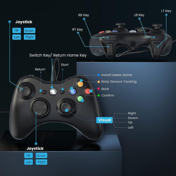 Controle com Fio para Xbox 360, Vibração Dupla, Função Turbo, Compatível com Xbox 360/360 Slim e Windows 7,8,10,11, Preto