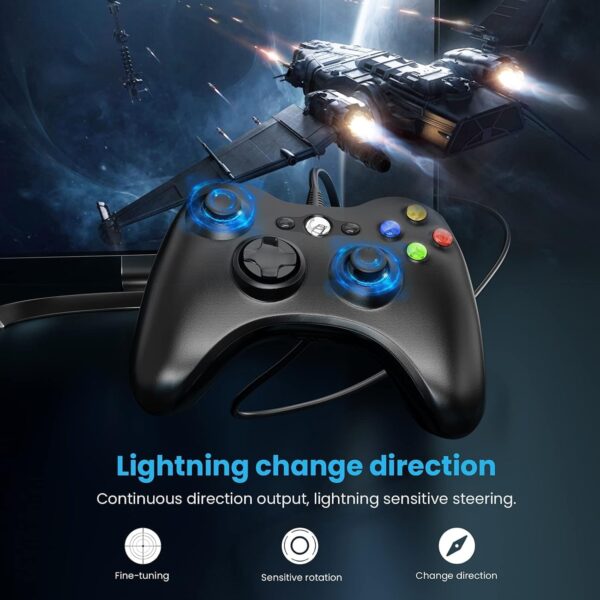 Controle com Fio para Xbox 360, Vibração Dupla, Função Turbo, Compatível com Xbox 360/360 Slim e Windows 7,8,10,11, Preto