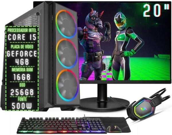 PC Gamer Completo 3green Play Intel Core i5 16GB RAM Placa de vídeo Geforce 4GB SSD 256GB Monitor 20" 75Hz Fonte 500W 3GP-031 Windows 10