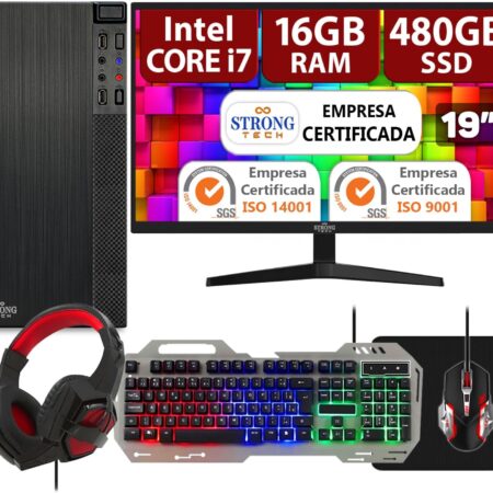 Computador Pc Gamer Completo Intel Core i7 16GB SSD 480GB Monitor 19 Kit Gamer Strong Tech