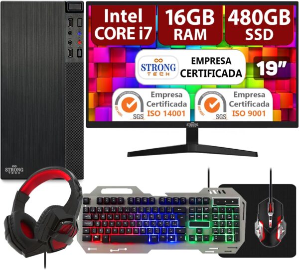 Computador Pc Gamer Completo Intel Core i7 16GB SSD 480GB Monitor 19 Kit Gamer Strong Tech